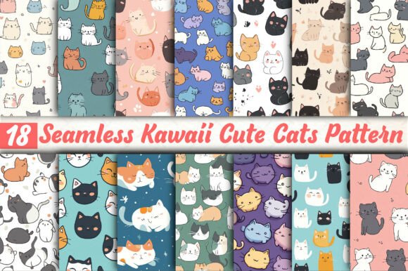 Kawaii Cute Cats Pattern Bundle: Instant Download