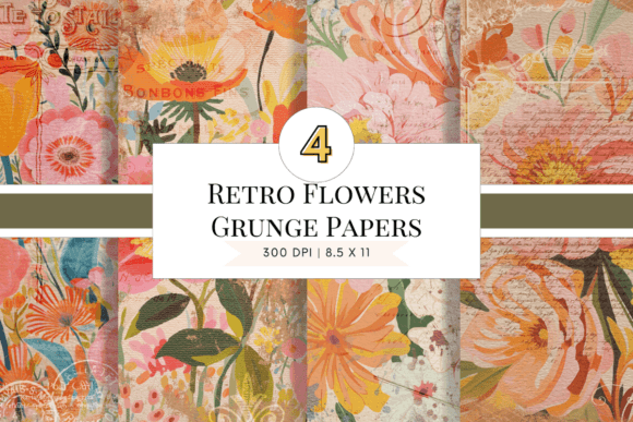 Retro Flowers Grunge Digital Papers: A Textured Design Asset
