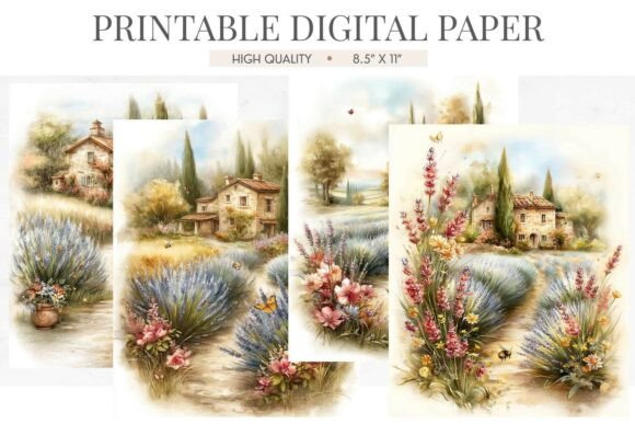 Watercolor Provencal Lavender Field Junk Journal Pages